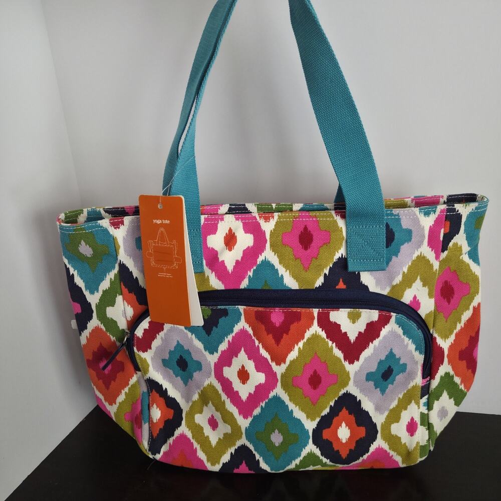 French Bull Multicolor Canvas Tote Bag Multi Pocket Yoga Diaper Bag Beach 18"